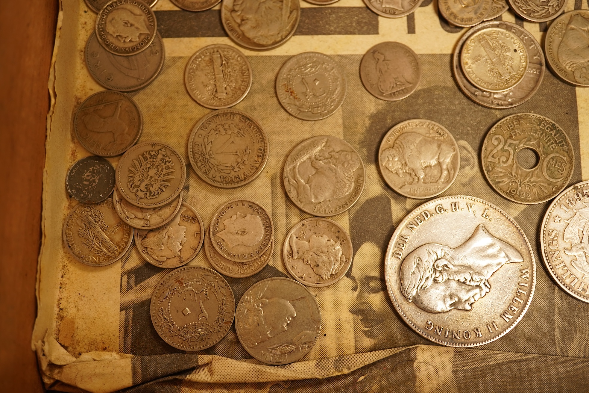 Assortment of silver coins to include a 5 Franc, 1851 and Queen Victoria four pence